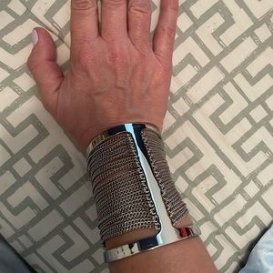 BCBG silver tone cuff bracelet with chains